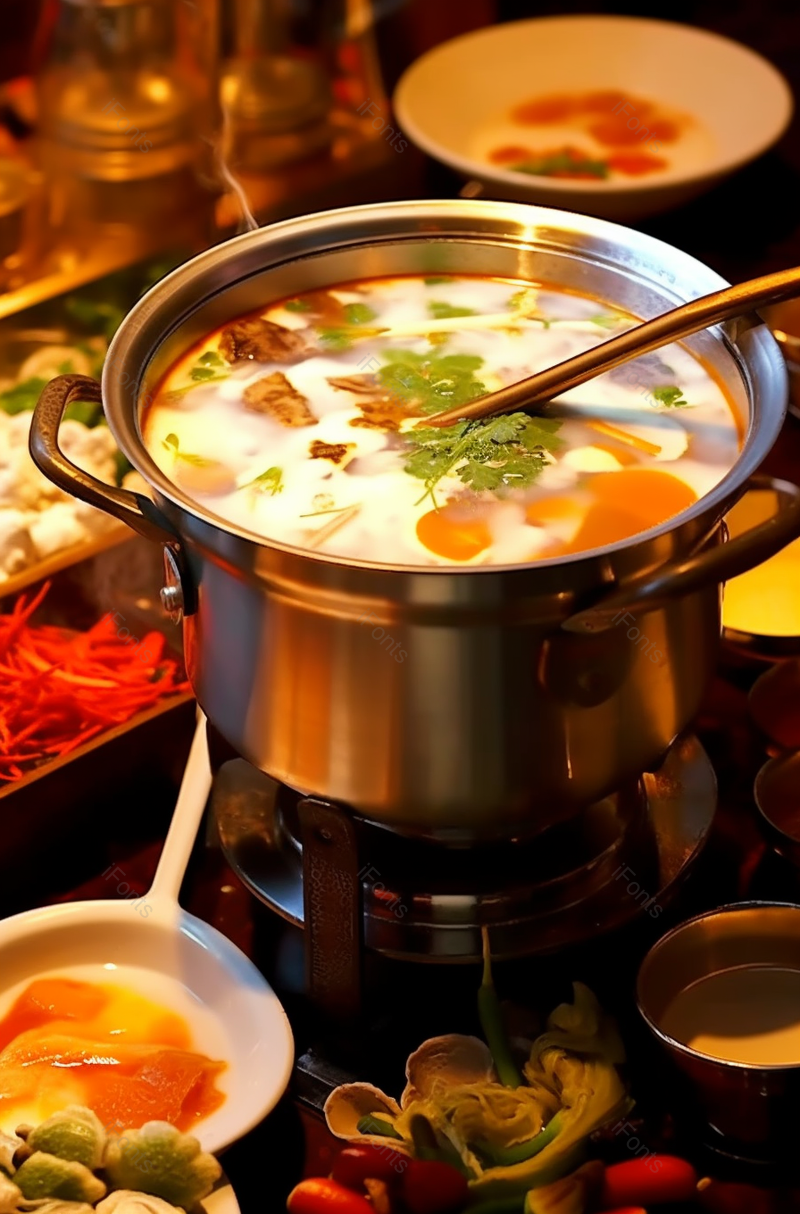 骨汤火锅铁锅蘸料辣酱蒜头搪瓷碗小吃中国美食,高清,摄影图,摄影图片,图片大全,摄影图免费下载